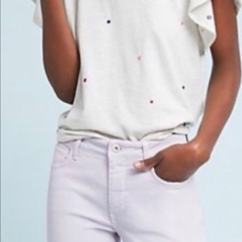 Anthropologie Flutter Sleeve Tee with multi colored embroidered Swiss Dots. - Picture 3 of 15